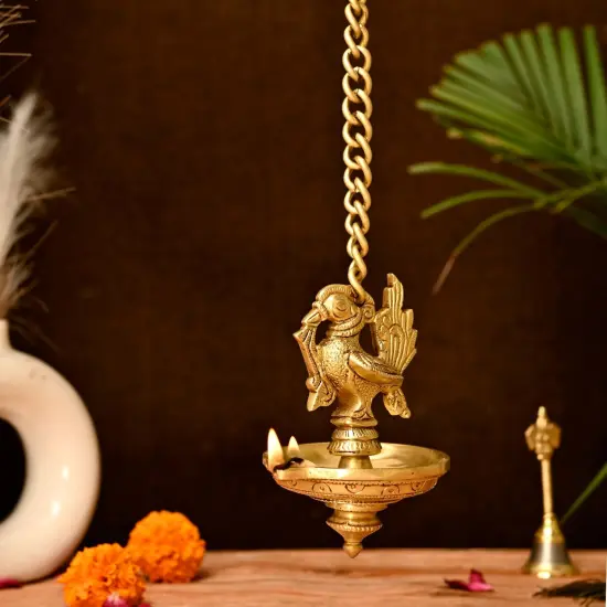Brass Peacock Wall Hanging Diya with Chain Annam Hanging Idol Oil Lamp Diya for Home Temple Mandir Office Diwali Decor Kathu Vilakku Puja Diya - Deepawali Housewarming Return Gift {2}