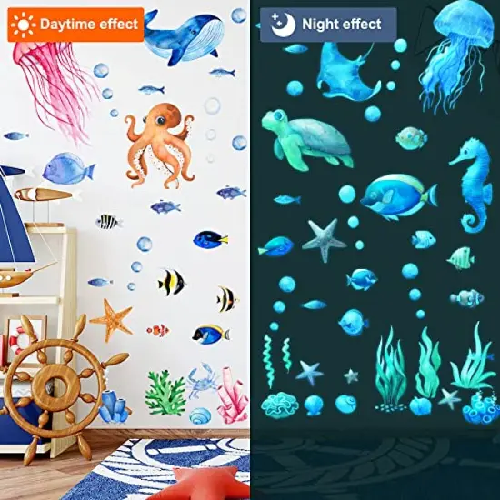 Glow in The Dark Ocean Fish Wall Stickers, Under The Sea Wall Stickers Vinyl Sea Life Wall Decals Removable Waterproof Peel and Stick for Boys Kids Bedroom Bathroom Creatures {6}