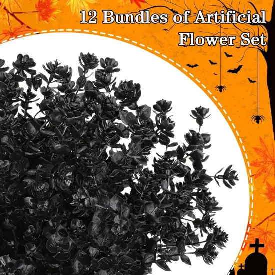 Black Artificial Flowers, 12 Bundles &ndash; No-Fade Faux Plants for Halloween, Outdoor & Indoor Decoration {2}