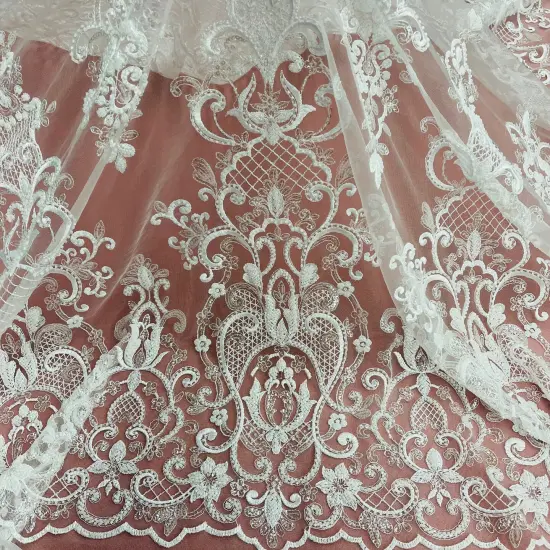 1 Yard Ivory Beaded & Sequined Embroidered Lace Fabric on 100% Polyester Mesh, 54" Wide {5}