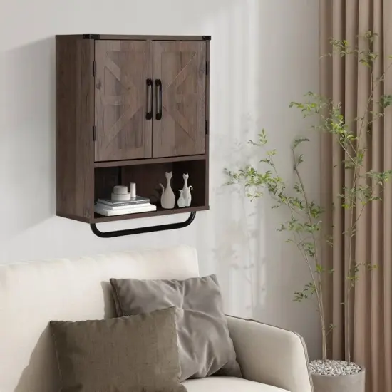 Modern Wooden Bathroom Wall Storage Cabinet with Doors and Towel Rack, Adjustable Shelves Taupe {5}
