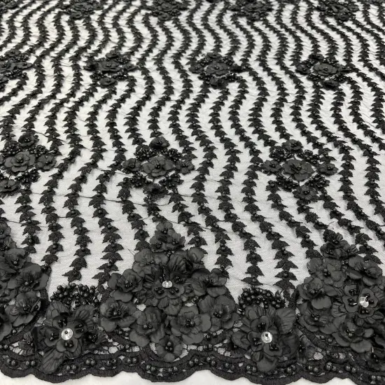 1 Yard Black Beaded 3D Floral Lace Fabric, Embroidered Mesh on 100% Polyester, 48" Wide Champagne {2}