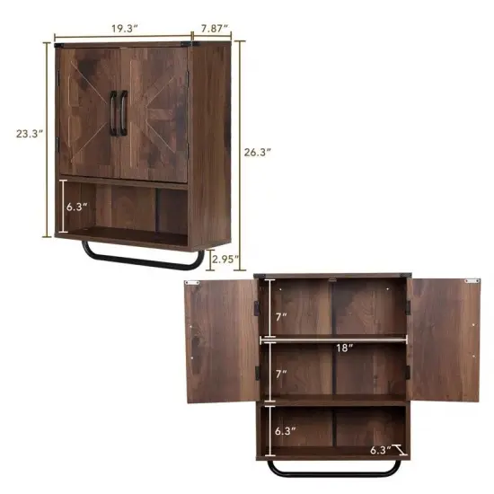 Modern Wooden Bathroom Wall Storage Cabinet with Doors and Towel Rack, Adjustable Shelves Brown {2}