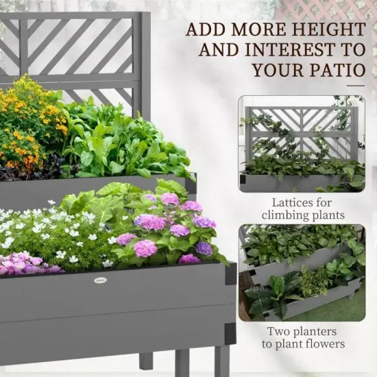 Fir Wood 2-Tier Self Draining Raised Planter Box with Lattice Trellis Grey {3}