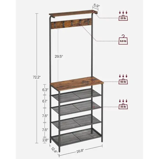 72" Shoe Storage Bench Hall Tree Coat Rack with 5 Shelves and Hooks for Entryway or Bedroom Use {2}