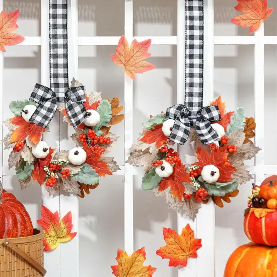 2 Pieces 9" Mini Fall Wreaths for Front Door - Fall Pumpkin Style {6}