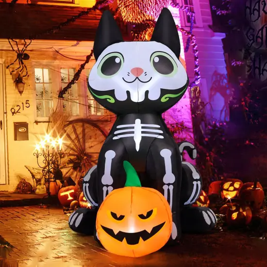5 FT Halloween Inflatables - Skeleton Cat with Pumpkin Built-in LEDs {1}