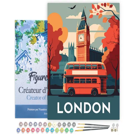 Figured'Art Paint by Numbers for Adults with Frame Travel Poster London 16"x20" - Craft Art Painting DIY Kit Canvas Already Stretched on a Wooden Frame {1}