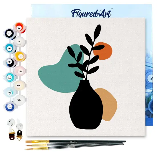 Figured'Art Mini Paint by Numbers Kit for Adults with Frame Abstract Plant Pot Set 2 of 3 Small format 8"x8" - Craft Art Painting DIY Canvas Already Stretched on a Wooden Frame {1}