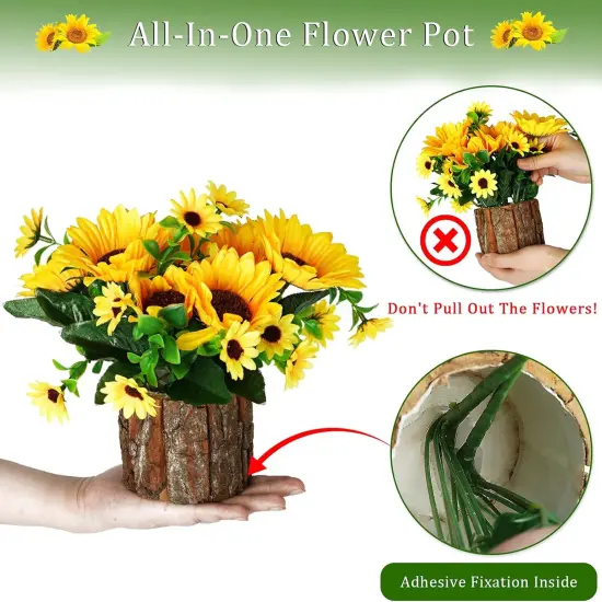 Artificial Flowers Fake Silk Sunflower Flower in Planters Flower Vase Small Rustic Potted Flower Arrangements Artificial for Home Outdoors Tabletop Decor Set of 2 (Yellow) {4}