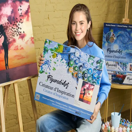 Figured'Art Paint by Numbers for Adults with Frame Women and Birds at Sunrise 16"x20" - Craft Art Painting DIY Kit Canvas Already Stretched on a Wooden Frame {2}