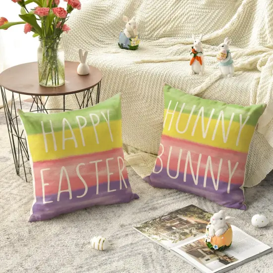 Set of 4 Happy Easter "Hunny Bunny" Throw Pillow Covers &ndash; 18" x 18" Colorful Striped Cushion Cases for Sofa & Couch {2}