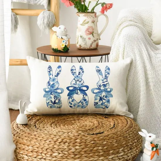 Easter Blue and White Porcelain Color Bunny Throw Pillow Cover, 12 x 20 Inch Flowers Cushion Case Decoration for Sofa Couch {4}