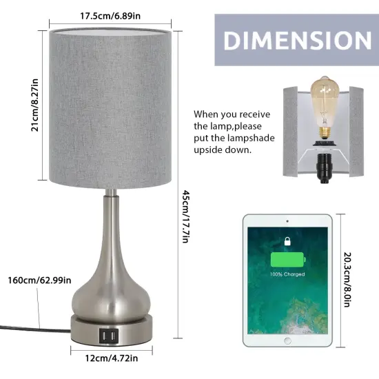 Bedroom Touch Bedside Lamps Set of 2 Table Lamp with Dual USB and AC Outlet Gary {2}