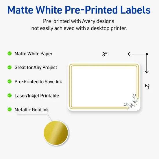 Avery Printable Rectangle Labels, Gold Double Border with Florals, 2" x 3", Matte White Rectangle Labels, Permanent, Laser/Inkjet, 80ct, Great for Product Labels {2}