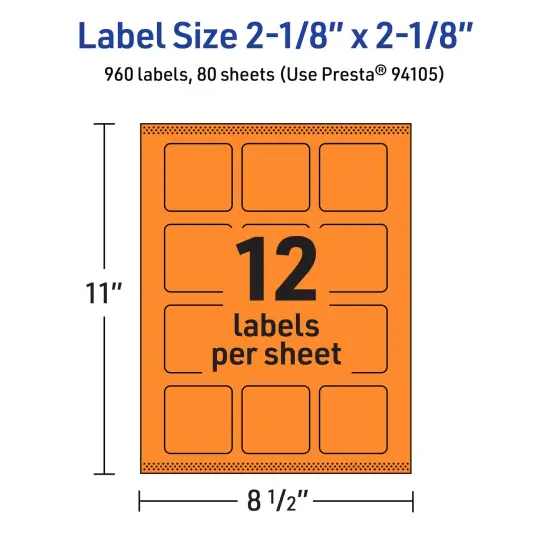 Avery Bright Orange Paper Labels, 2-1/8" x 2-1/8" Square {5}