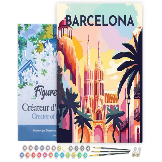 Figured'Art Paint by Numbers for Adults with Frame Travel Poster Barcelona 16"x20" - Craft Art Painting DIY Kit Canvas Already Stretched on a Wooden Frame {1}