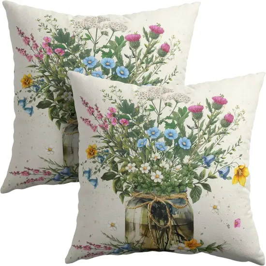 Spring Wildflower Throw Pillow Covers 18X18 Inches Set of 2 Multi Colored Daisy Flowers Mason Jar Pillowcase Soft Cotton Linen Square Spring Cushion Covers for Home Sofa Patio Bedroom {1}