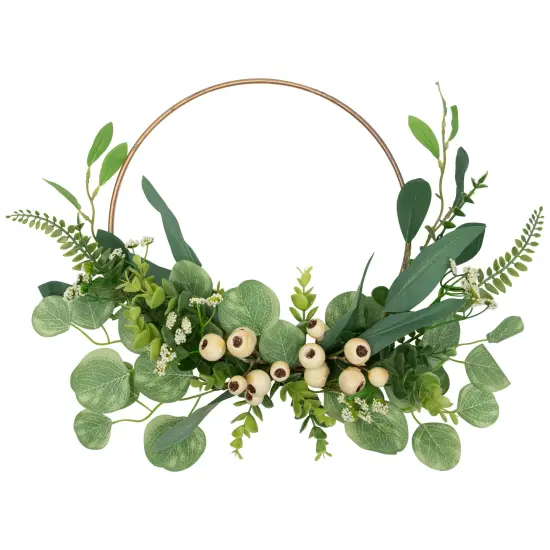 Northlight Eucalyptus Leaf and Fern Golden Ring Artificial Wreath - 30" Green {3}
