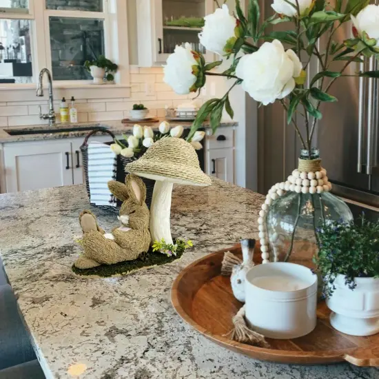 9.6" Sisal Easter Bunny Under Mushroom &ndash; Rustic Spring Decor {2}