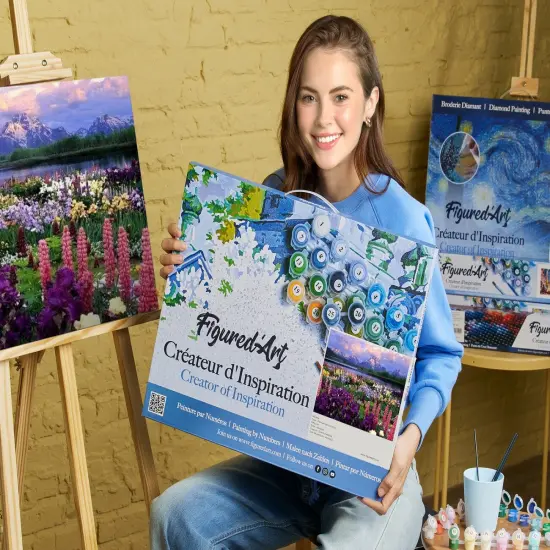 Figured'Art Paint by Numbers Kit for Adults with Frame Flowers and Lake near the Mountain 16"x20" - Craft Art Painting DIY Kit Canvas Already Stretched on a Wooden Frame {2}