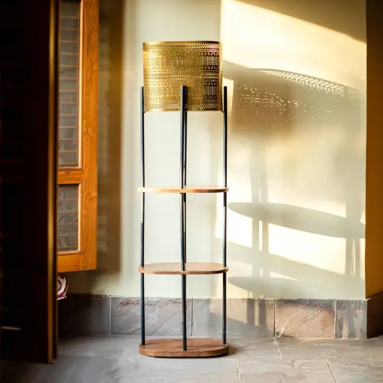 Vintage Floor Lamp with Metal Shade And Four-Tier Wood Shelf - 14.1" x 7.8" x 55.1" {1}
