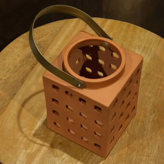 Handcrafted Terracotta Square Shape Lantern with Metal Handle {3}
