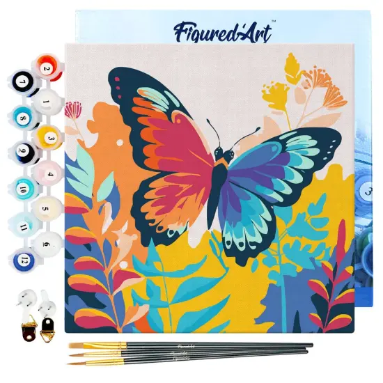 Figured'Art Mini Paint by Numbers Kit for Adults with Frame Tropical Butterfly Small format 8"x8" - Craft Art Painting DIY Canvas Already Stretched on a Wooden Frame {1}