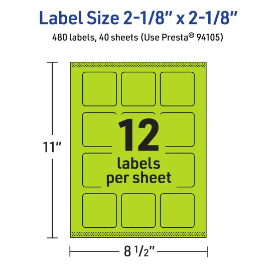 Avery Bright Green Paper Labels, 2-1/8" x 2-1/8" Square {5}
