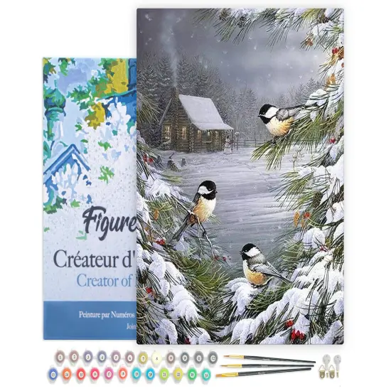 Figured'Art Paint by Numbers for Adults with Frame Three Birds in the Snow 16"x20" - Craft Art Painting DIY Kit Canvas Already Stretched on a Wooden Frame {1}