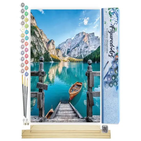 Figured'Art Paint by Numbers Kit for Adults Boat on the Mountain Lake 16"x20" - Craft Art Painting Rolled Canvas with DIY wooden frame {1}