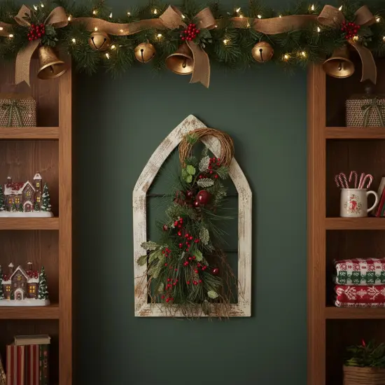 Gerson 29.5" White Window Frame with Mixed Pine and Berry Swag Christmas Wall Decoration {4}