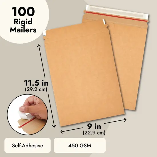 100-Pack Stay Flat Rigid Mailers 9x11.5 with Self Adhesive Seal, 450 gsm Sturdy Bulk Brown Cardboard Envelopes for Shipping Photos, Magazines, Comic Books, Art Prints, Documents, Collectibles {4}
