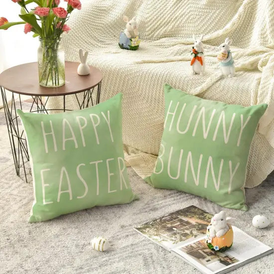 Set of 4 Happy Easter "Hunny Bunny" Green Throw Pillow Covers – 18" x 18" Spring Cushion Cases for Sofa & Couch {3}