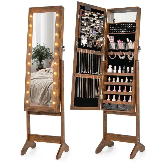 Costway LED Mirror Jewelry Cabinet with 20 LED Lights Full-Length Mirror Adjustable Angles White/Brown/Black {1}