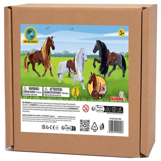 Simba Toys: Flocked Horse Set &ndash; 3 Detailed Pony Figurines, 7" Toy Animal Miniatures, Brush & Saddles, Brown, White, Black Set, Nature World, Kids 3+ {3}