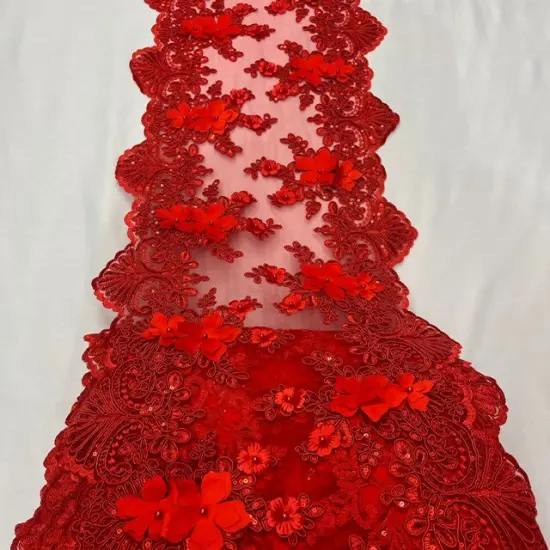 3 Yard Sequin 3D Lace Fabric 33cm Wide Polyester Embroidered Mesh with Pearls & Scalloped Edge Champagne {2}