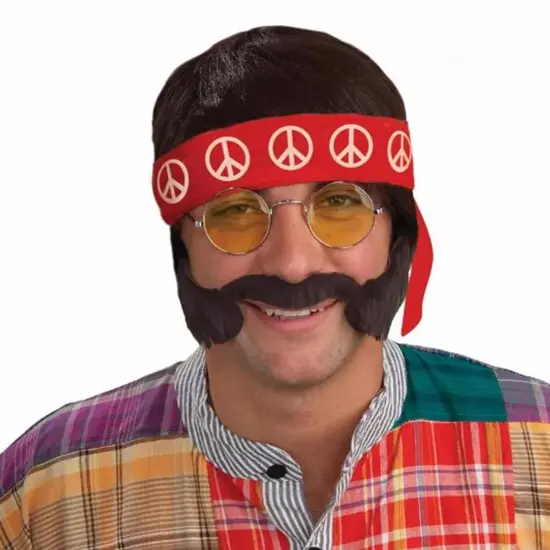60's70's Hippie Adult CostumeWig Headband Glass Moustache&Side Burn {1}