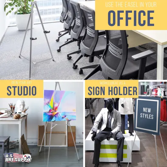66" High Gallery Silver Metal Display Easel - Large Adjustable Height Portable Easel Stand, Sign Display, Holds 25 lbs - Floor & Tabletop Easels, Painting Stand {6}