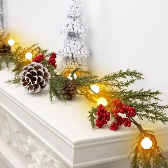 Christmas Garland with Lights, 6FT Artificial Red Berry Xmas Garland and Pinecones {5}