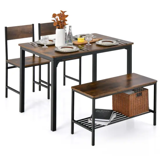 Costway 4pcs Dining Table Set Rustic Desk 2 Chairs & Bench with Storage Rack Brown/Grey/Coffee {1}