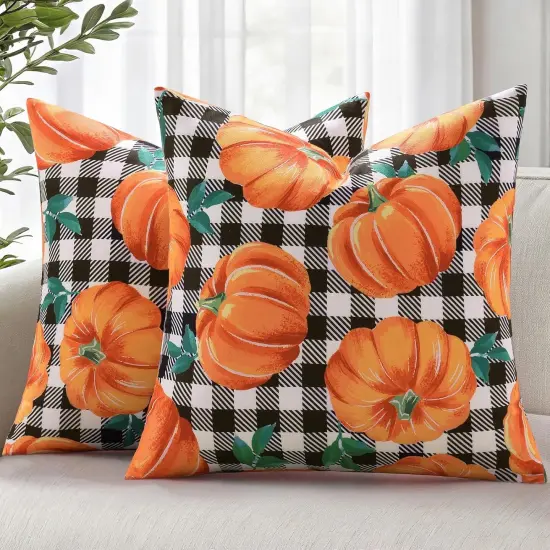 Set of 2 Fall Orange Pumpkin Decorative Throw Pillow Covers 20x20 {1}