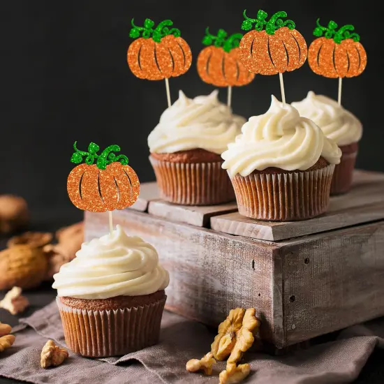 24Pcs Pumpkin Cupcake Toppers Glitter {3}