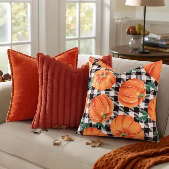 Set of 2 Fall Orange Pumpkin Decorative Throw Pillow Covers 20x20 {4}