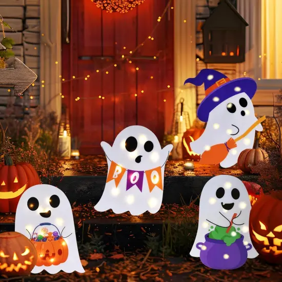 4 Packs Halloween Decorations Outdoor Scary Witch Pumpkin Boo Signs with Lights {2}