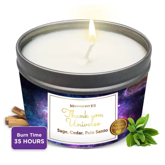 Magnificent 101 Long Lasting Affirmation Tin Candle with Sage, Cedar & Palo Santo Scented | 6 Oz - 35 Hour Burn | Made of Soy Wax for Energy Cleansing, Manifestation | Thank You Universe Multicolor {1}