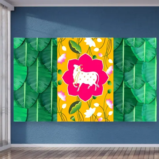 Pichwai Cow Print Backdrop 5x8 Feet Backdrop Indian Traditional Cloth Banana Leaf Decor Indian Pooja Wall Decor Indian Wall Art Photo Decor Banner Decorative Pooja Cloth Wedding Favor {5}