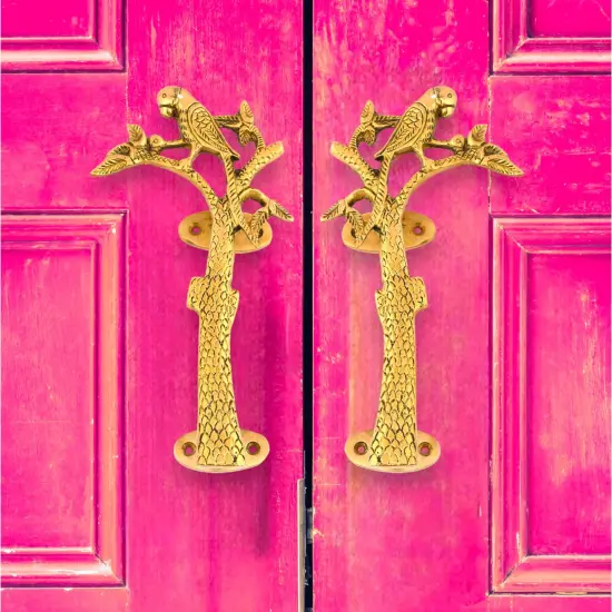 Parrot on the Tree Door Pull Handles Unique Brass 8 Inches Pair of 2 Pull Knobs Antique Design Handles for Drawer, Shelf, Cabinet, Wardrobe, Almirah Housewarming Gift {2}