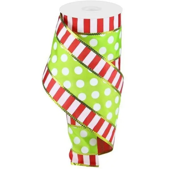 4" Striped Edge Polka Dot Ribbon: Red, Green & White (10 Yards) {1}