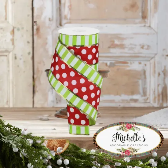 4" Striped Edge Polka Dot Ribbon: Red, Lime & White (10 Yards) {2}